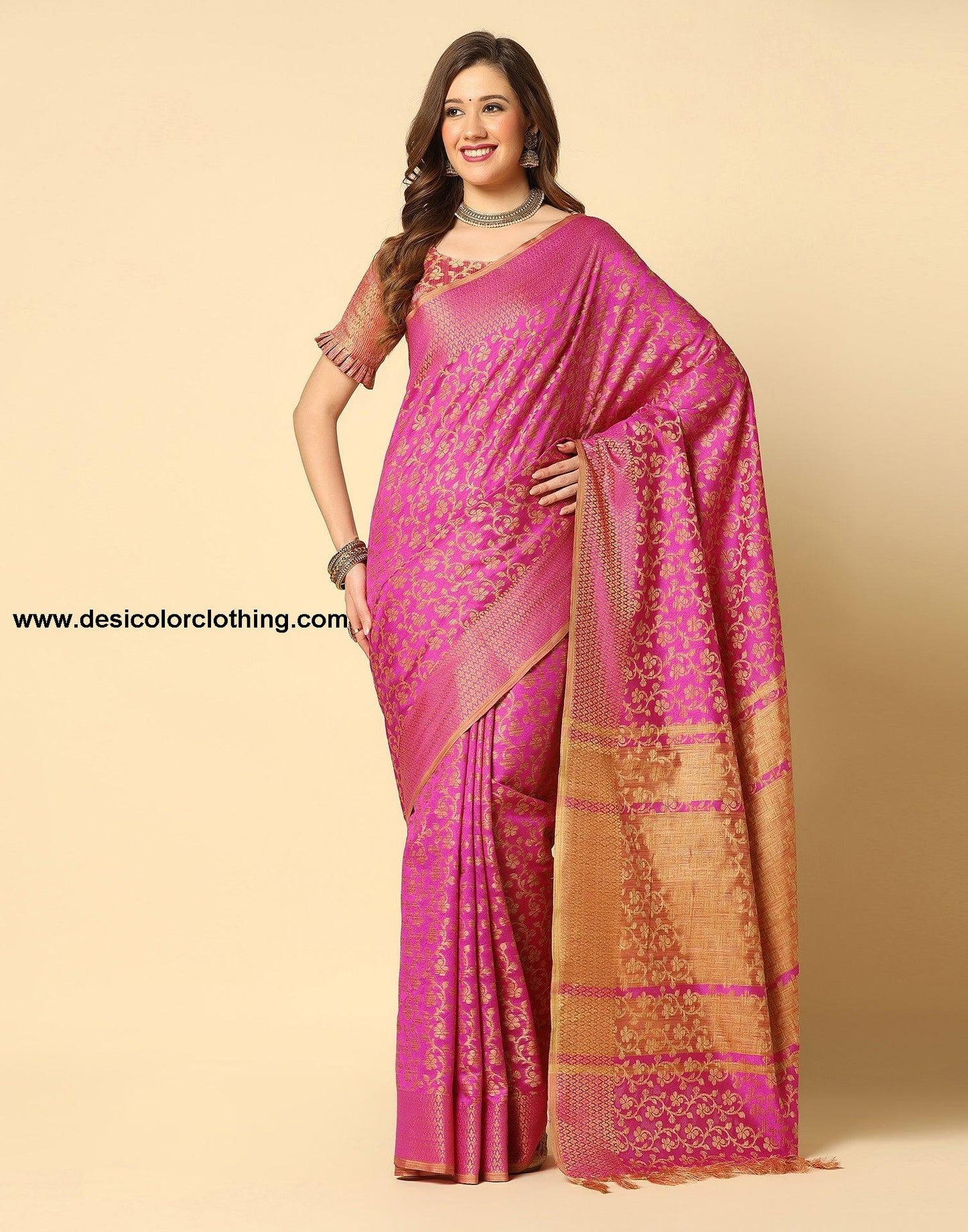 Pink. Beige Banarasi Silk Saree
