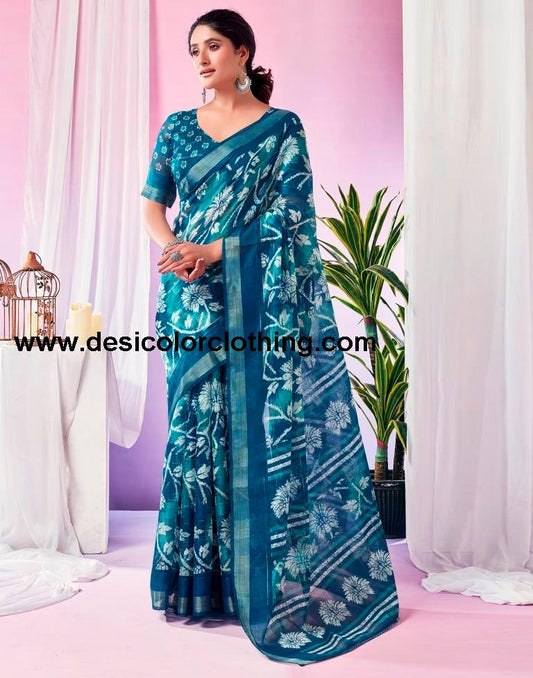 Teal Blue Cotton Zari Saree