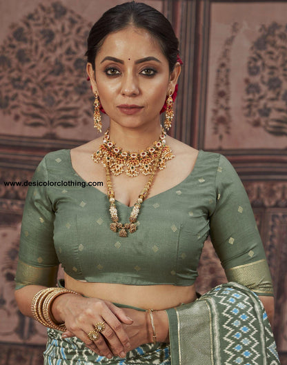 Dark Pista Green Printed Silk Saree