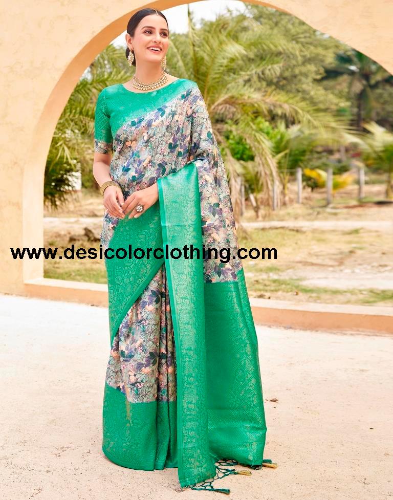 Teal Green Silk Printed Ready To Wear