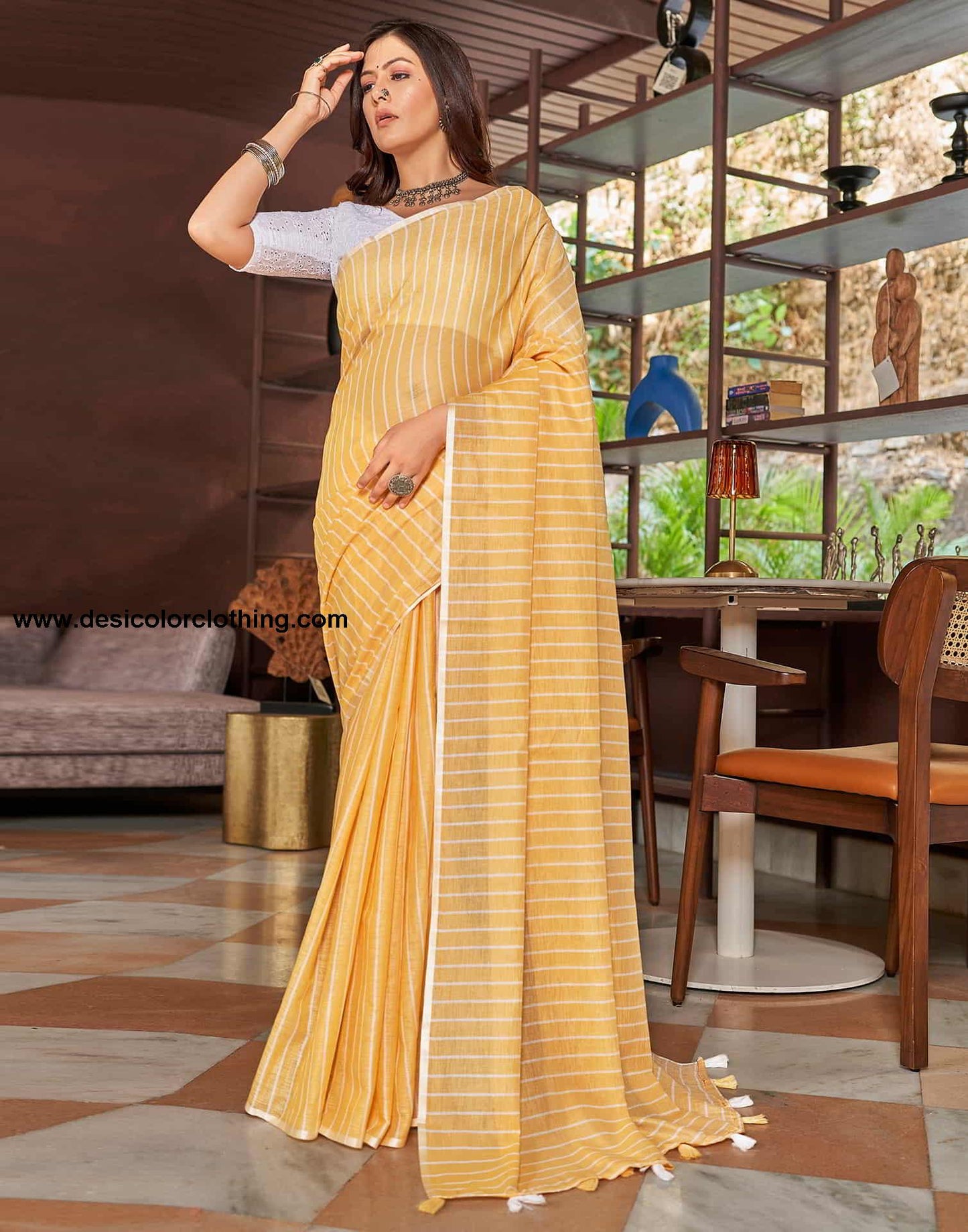 Yellow Leheriya Linen Woven Saree