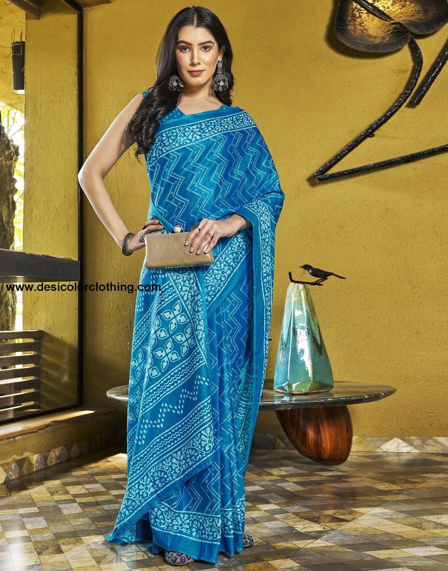 Blue Printed Cotton Pre-draped Saree