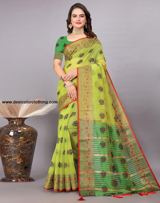 Dark Green Plain Cotton Saree