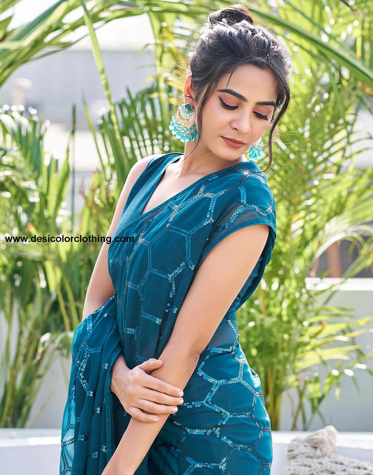 Rama Blue Georgette Sequence Saree