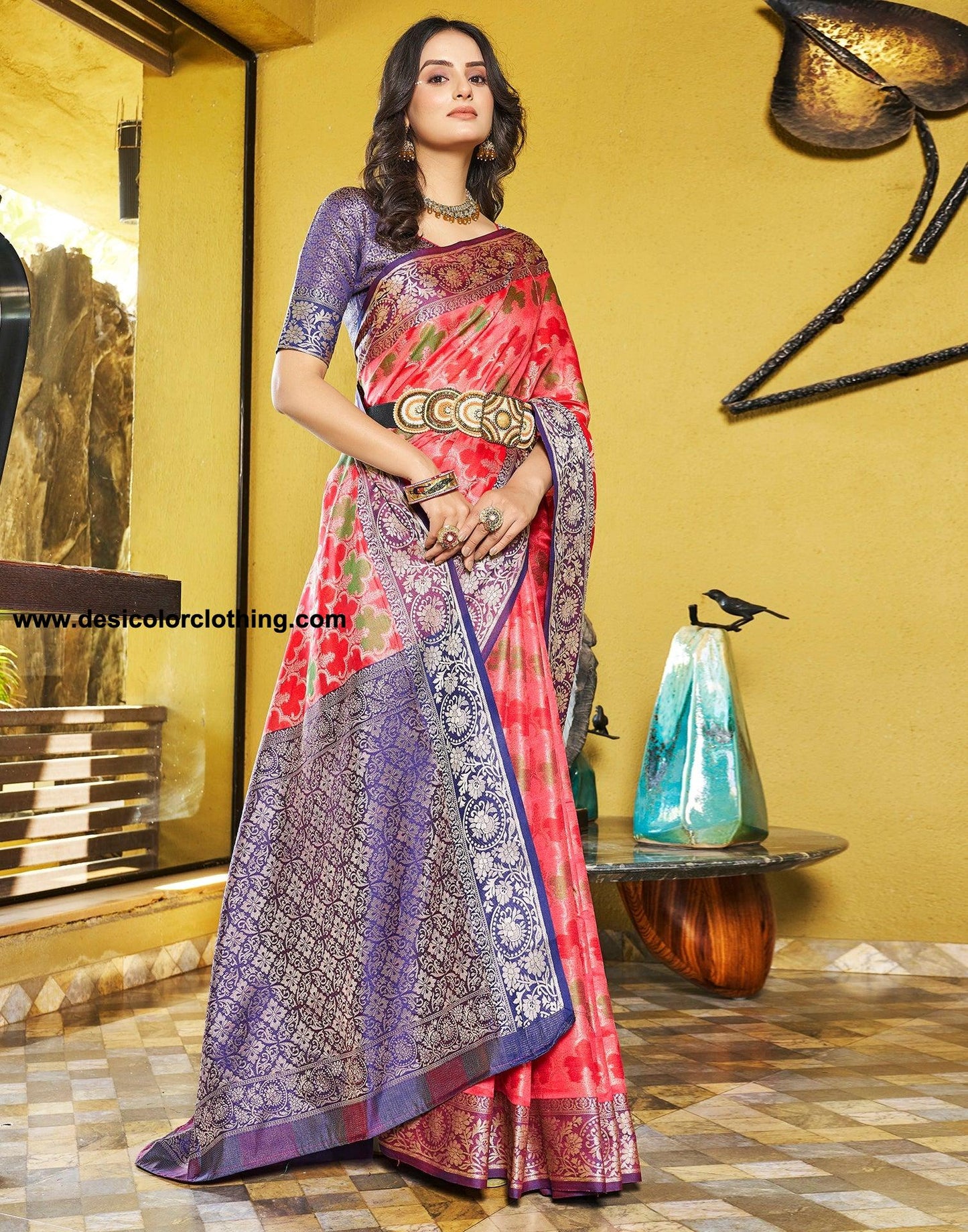 Pink Jacquard Silk Saree