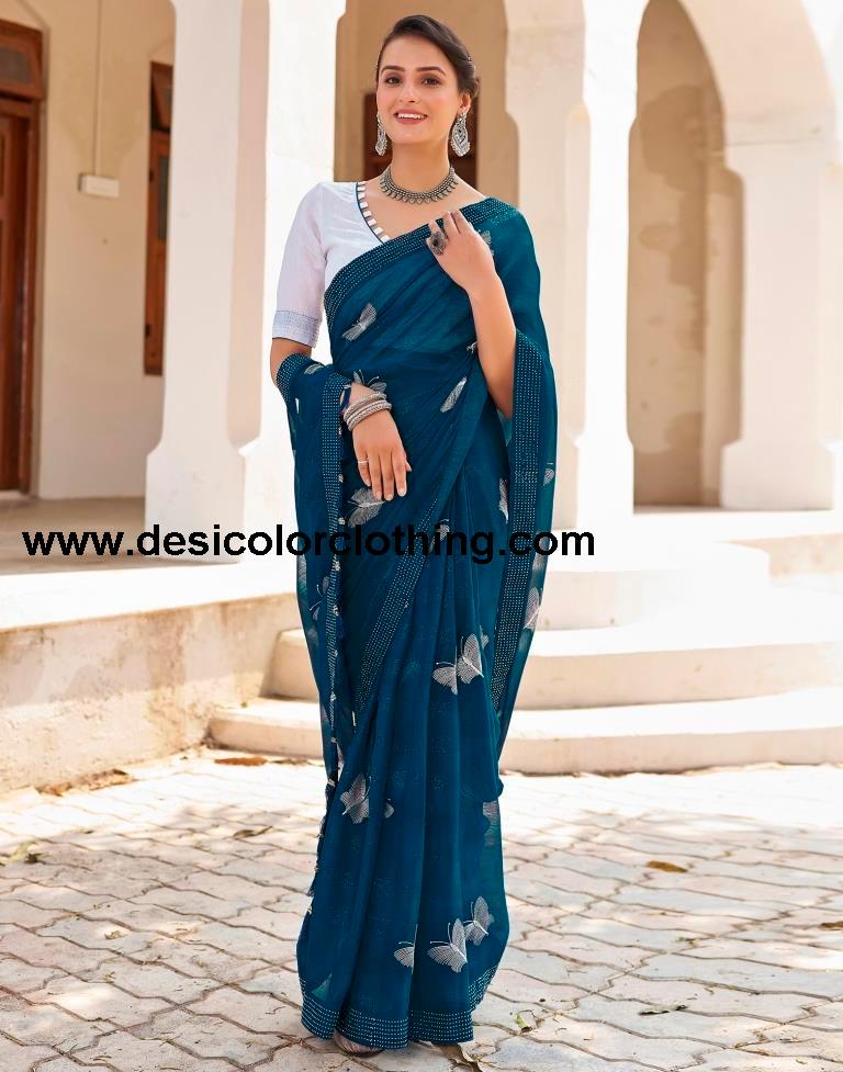 Sea Blue Chiffon Plain Ready To Wear
