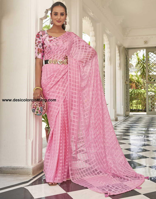 Pink Checkered Chiffon Woven Saree