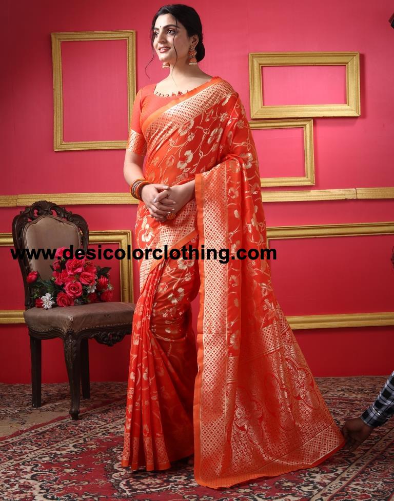 Orange Silk Plain Saree