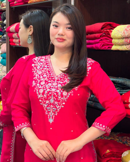 Product Image - Elegant Embroidered Kurti Set – Premium Banana Silk in 3 Stunning Colors