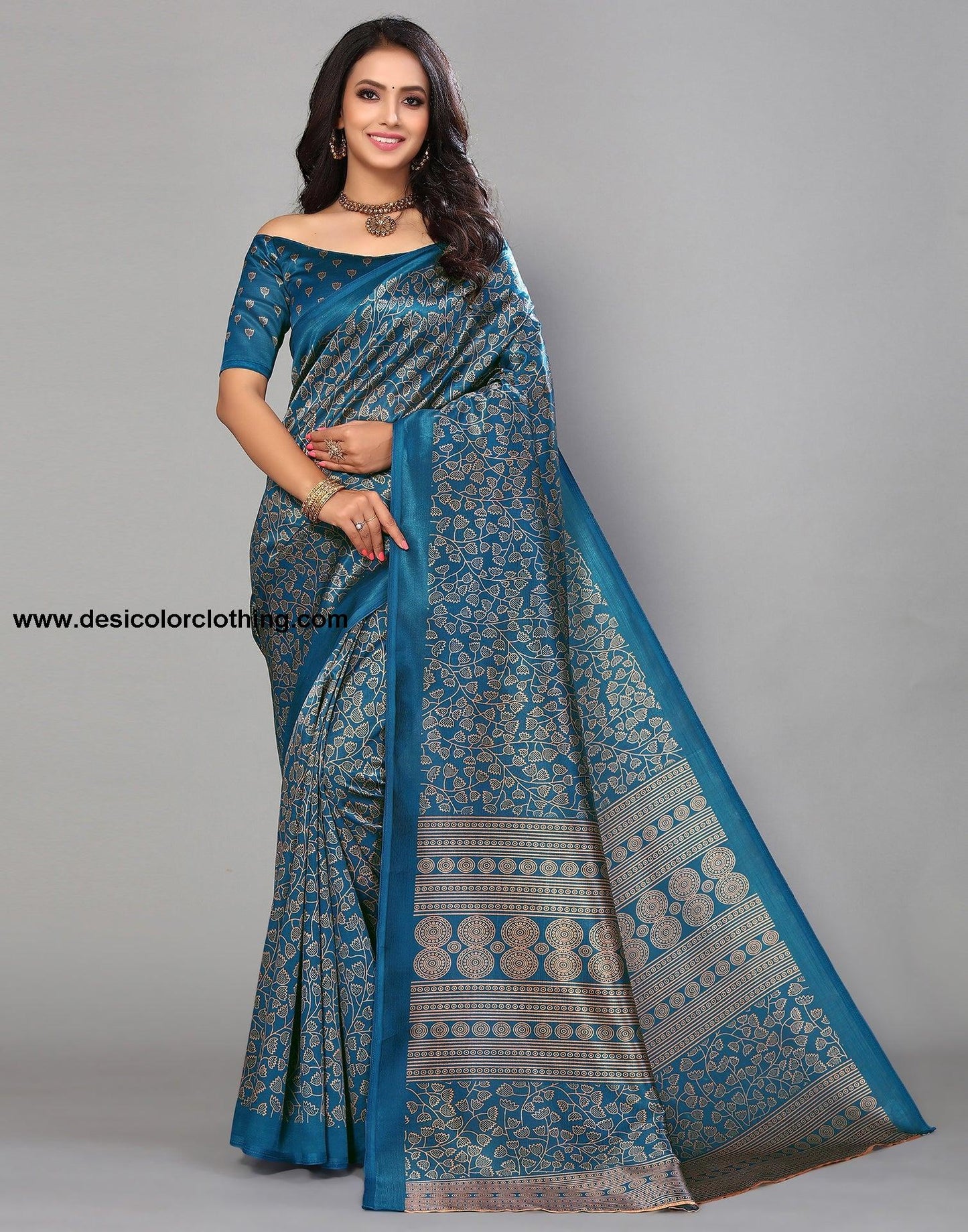 Teal Blue Silk Printed Saree