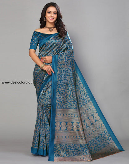 Teal Blue Silk Printed Saree