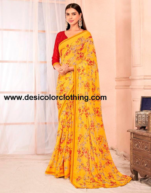 Yellow Chiffon Printed Saree