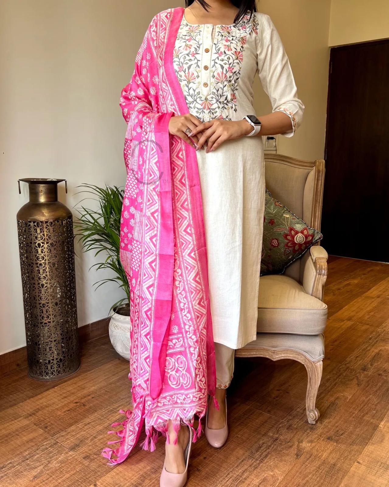 Product Image - Khadi Cotton Embroidery Suit with Khadi Silk Dupatta – Perfect Festive Wear