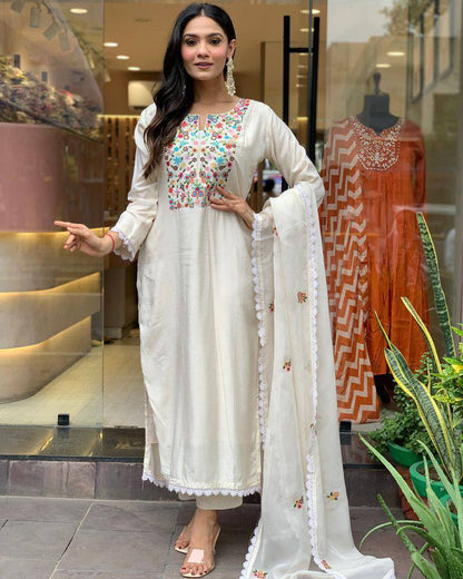 Product Image - Designer Kurti Pant with Dupatta - Elegant Visose Chanderi Ethnic Wear