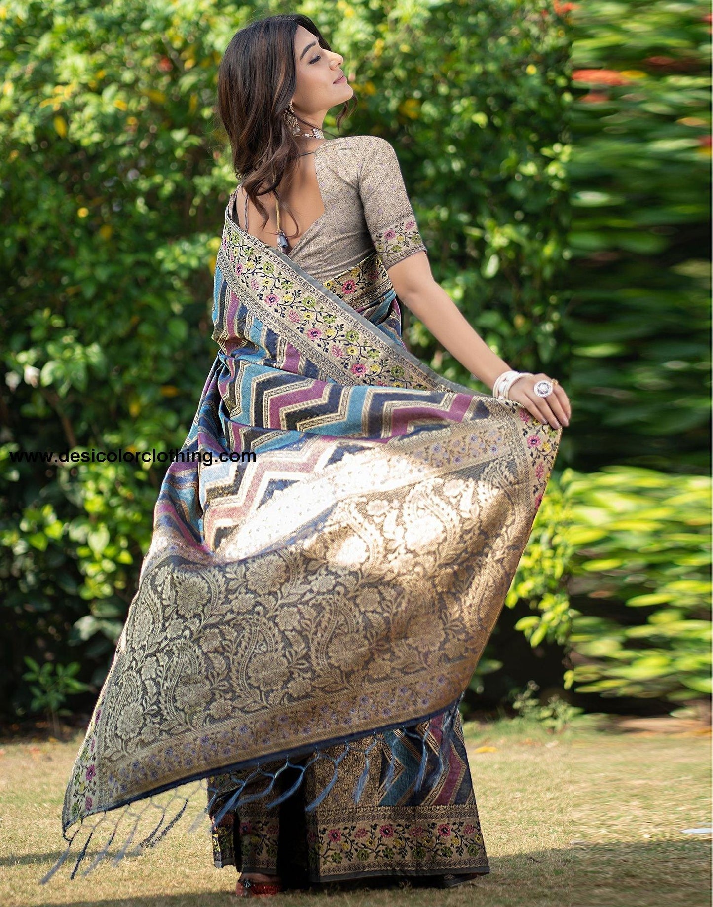 Steel Blue Jacquard Organza Saree