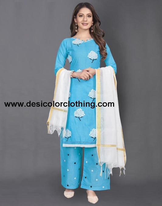 Blue Cotton Embroidered Unstitched Salwar Suit