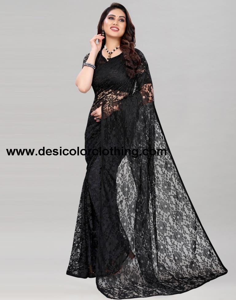 Black Coloured Russel Net Partywear saree