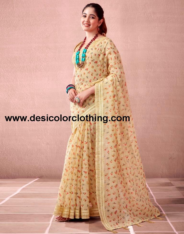 Beige Cotton Printed  Saree