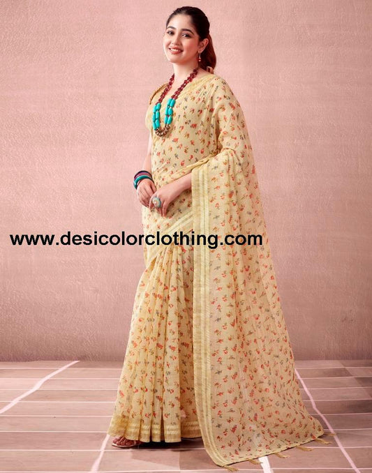 Beige Cotton Printed  Saree