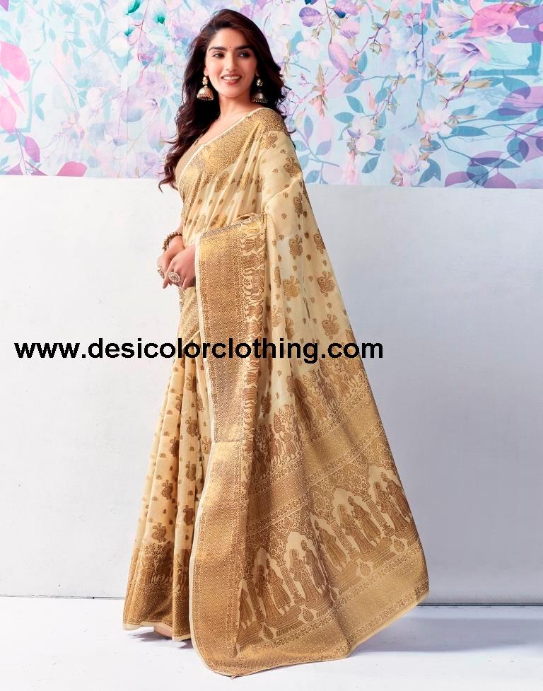Beige Silk Plain Saree