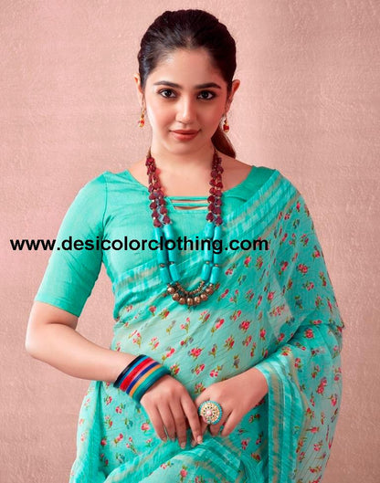 Turquoise Cotton Printed  Saree
