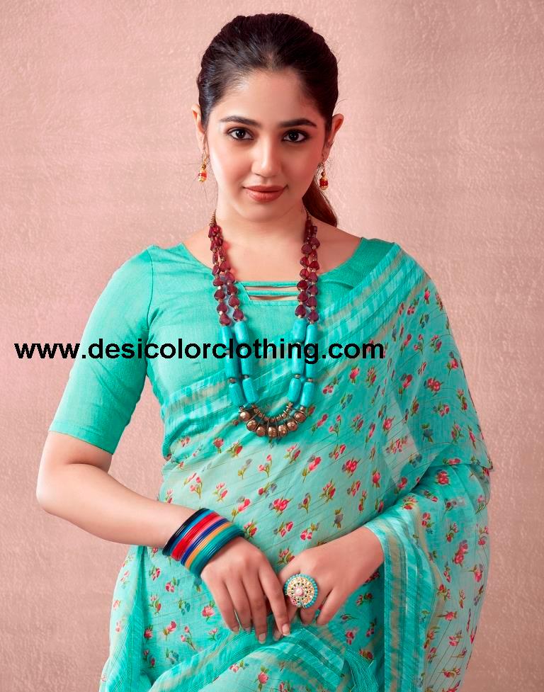 Turquoise Cotton Printed  Saree
