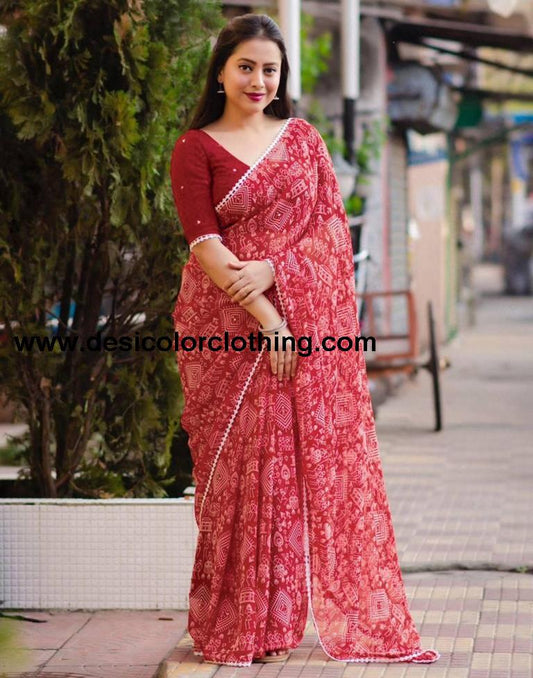 Red Georgette Printed Saree
