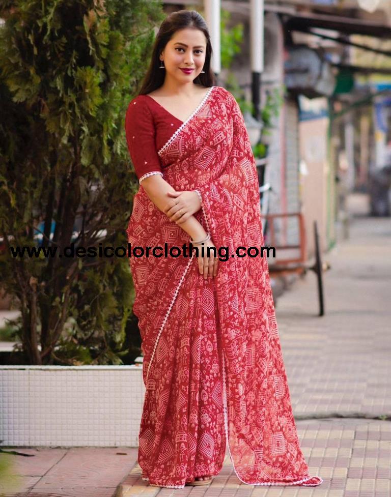 Red Georgette Printed Saree