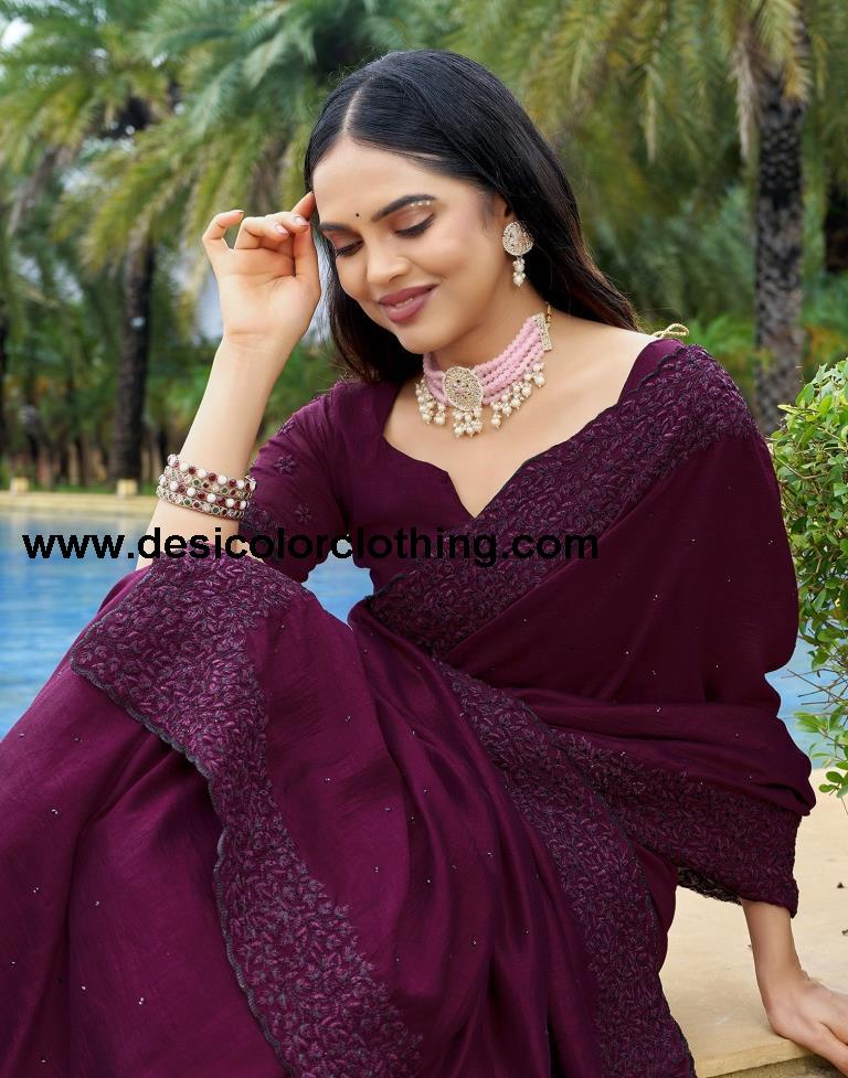 Wine Plain Silk Saree