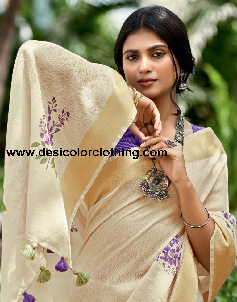 Cream Cotton Printed  Saree