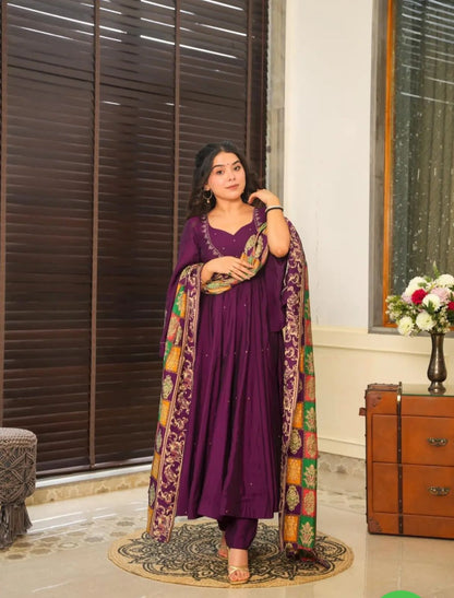 Product Image - Designer Wine Roman Silk Festive Wear Suit | Mahant Collection 2025