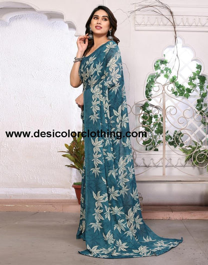 Teal Georgette Floral Printed Saree