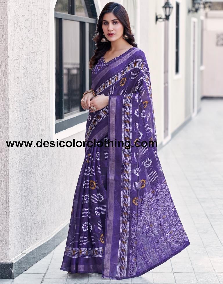 Deep Violet Cotton Printed Saree