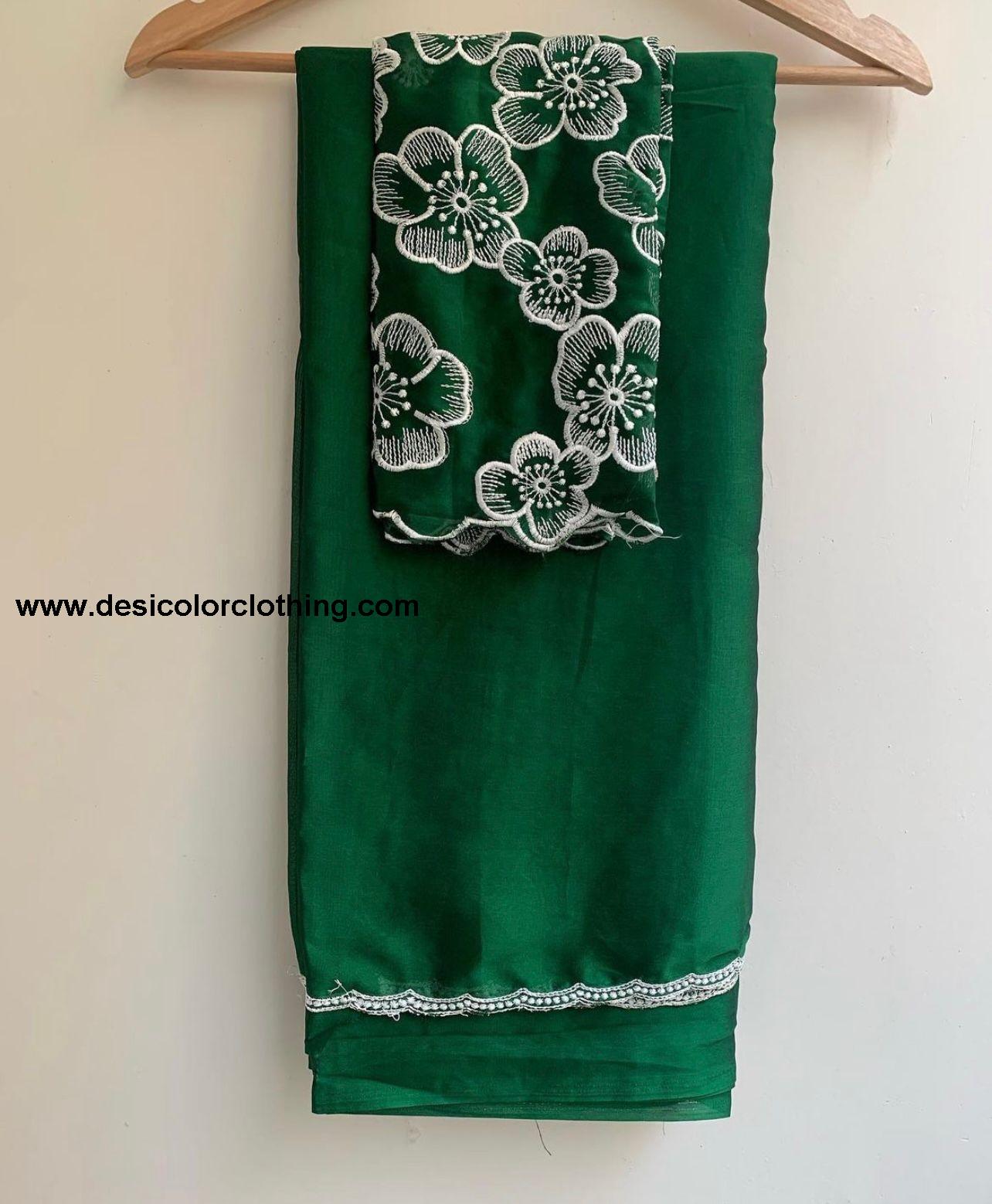 White Rose Chinon Saree with Multi-Embroidery and Piping Work