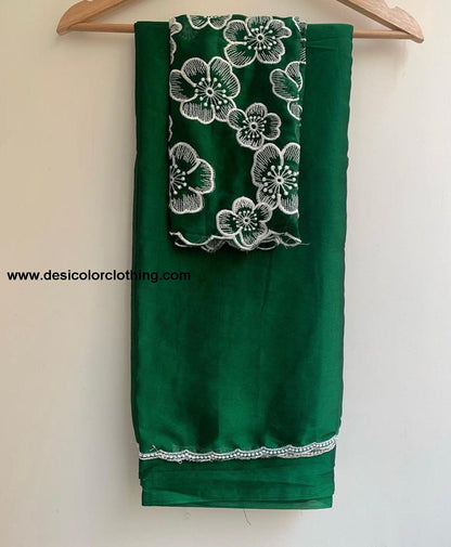 White Rose Chinon Saree with Multi-Embroidery and Piping Work
