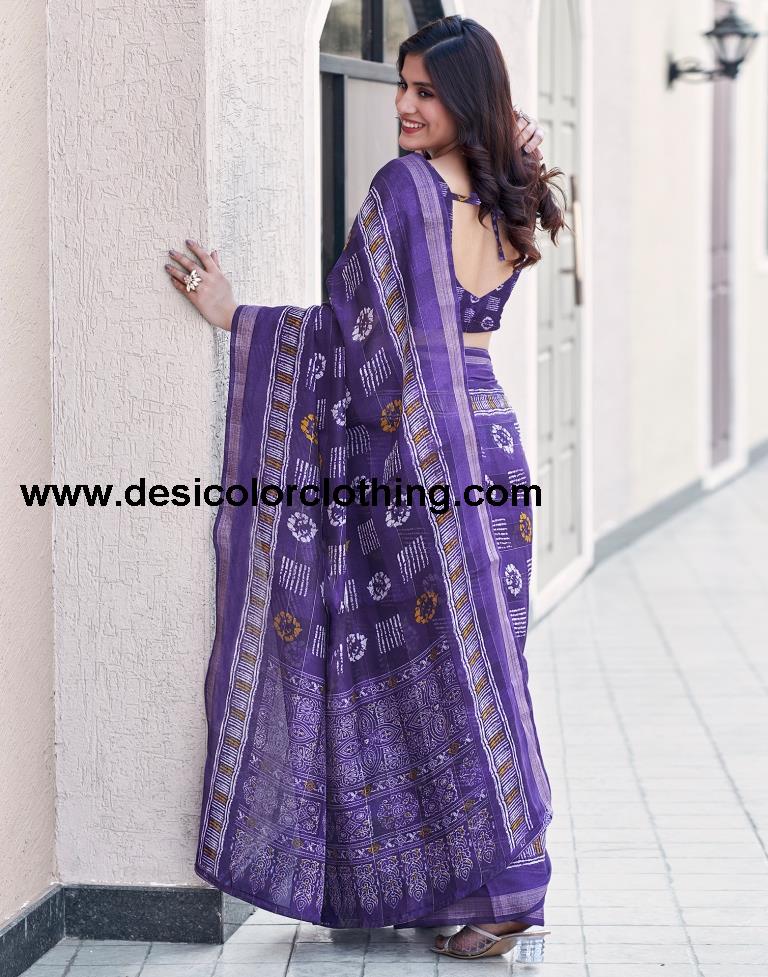 Deep Violet Cotton Printed Saree