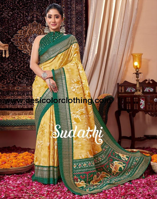 Yellow & Cream Printed Silk Saree