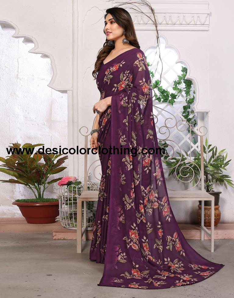 Wine Georgette Floral Printed Saree