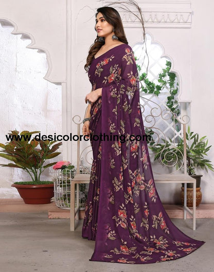 Wine Georgette Floral Printed Saree