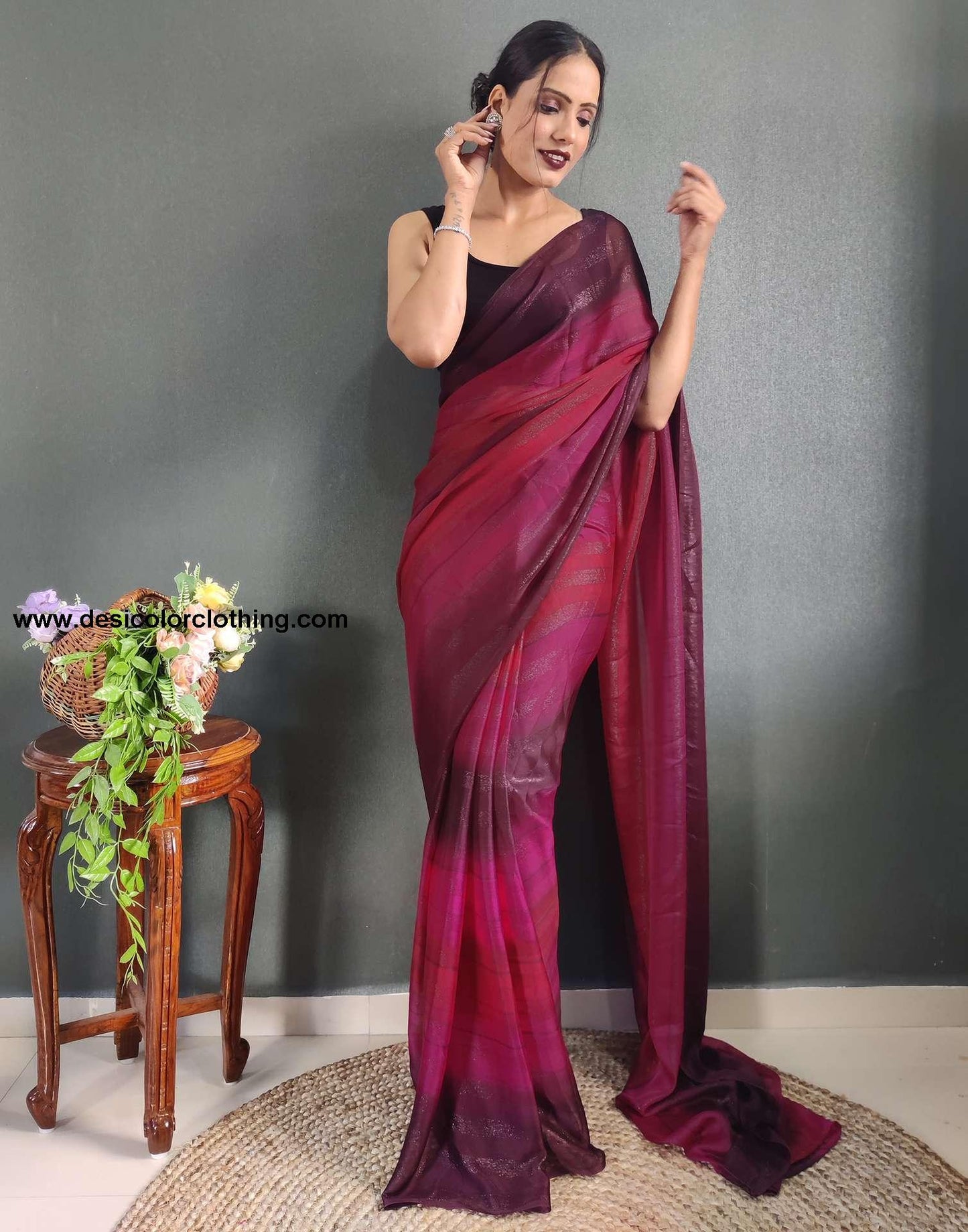 Pink Printed Georgette Pre-draped Saree