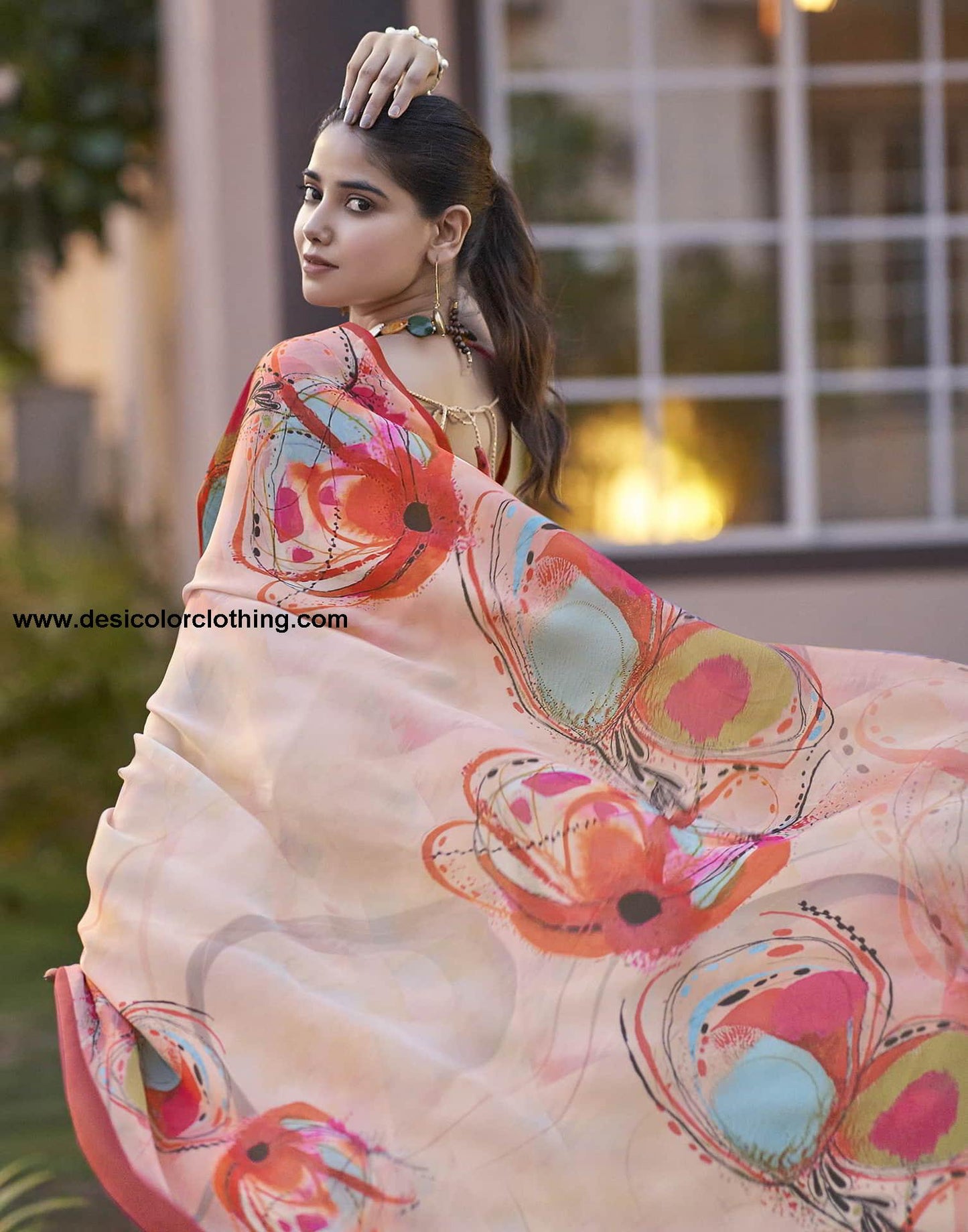 Cream Printed Satin Saree