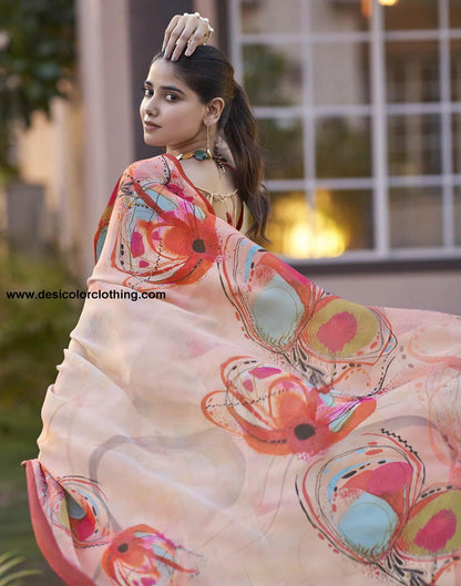 Cream Printed Satin Saree