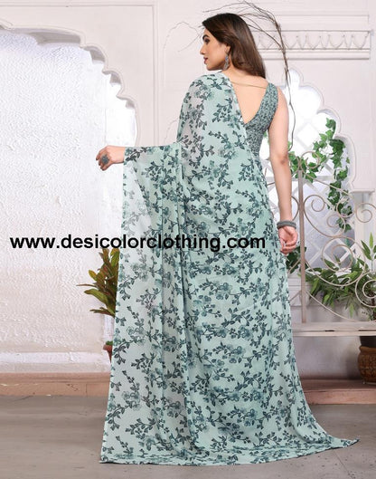 Sea Green Georgette Floral Printed Saree