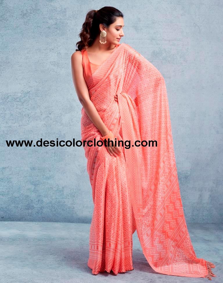 Peach Chiffon Printed  Saree