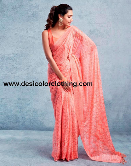Peach Chiffon Printed  Saree