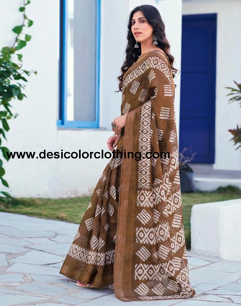 Brown Printed Cotton Saree