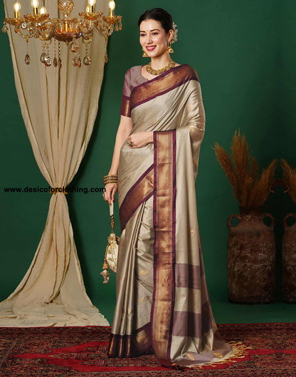 Beige Kanjivaram Silk Woven Saree