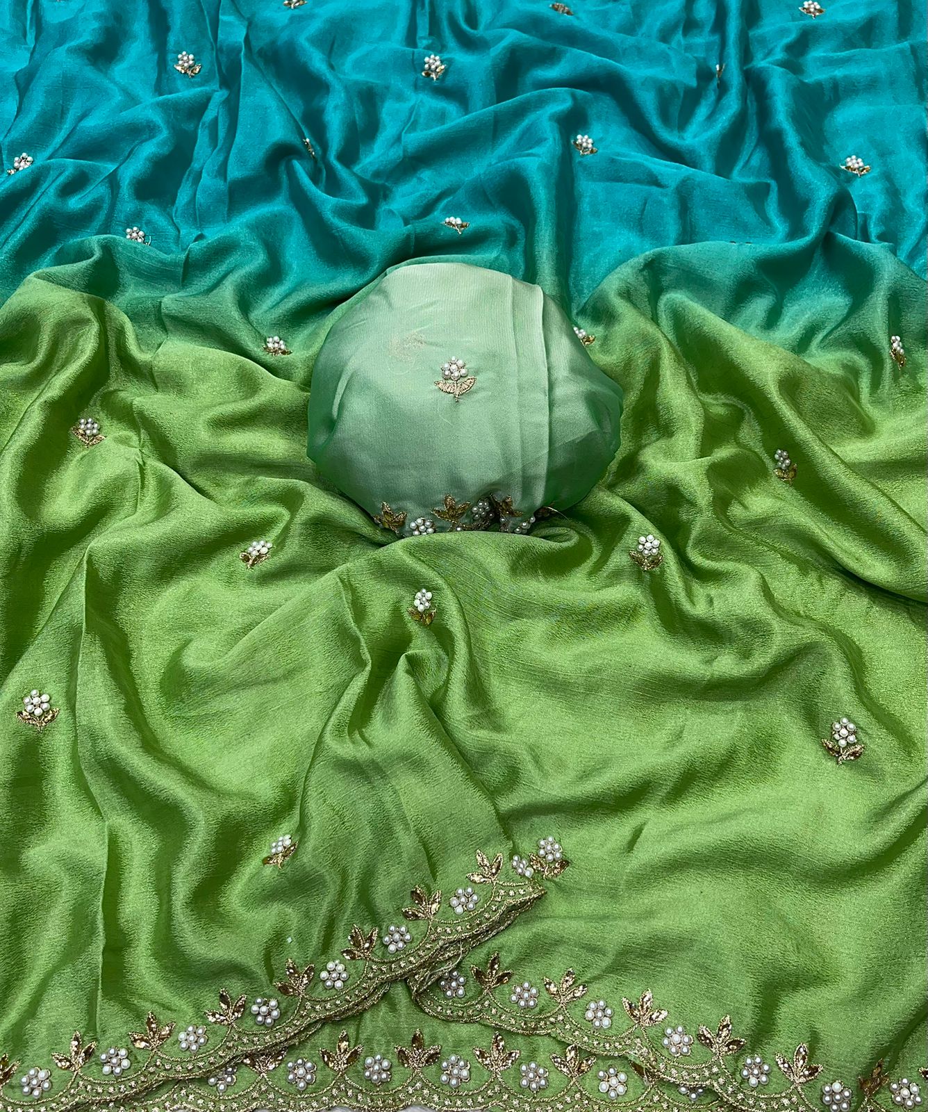 Product Image - Designer Chinnon Saree with Embroidery and Moti Work