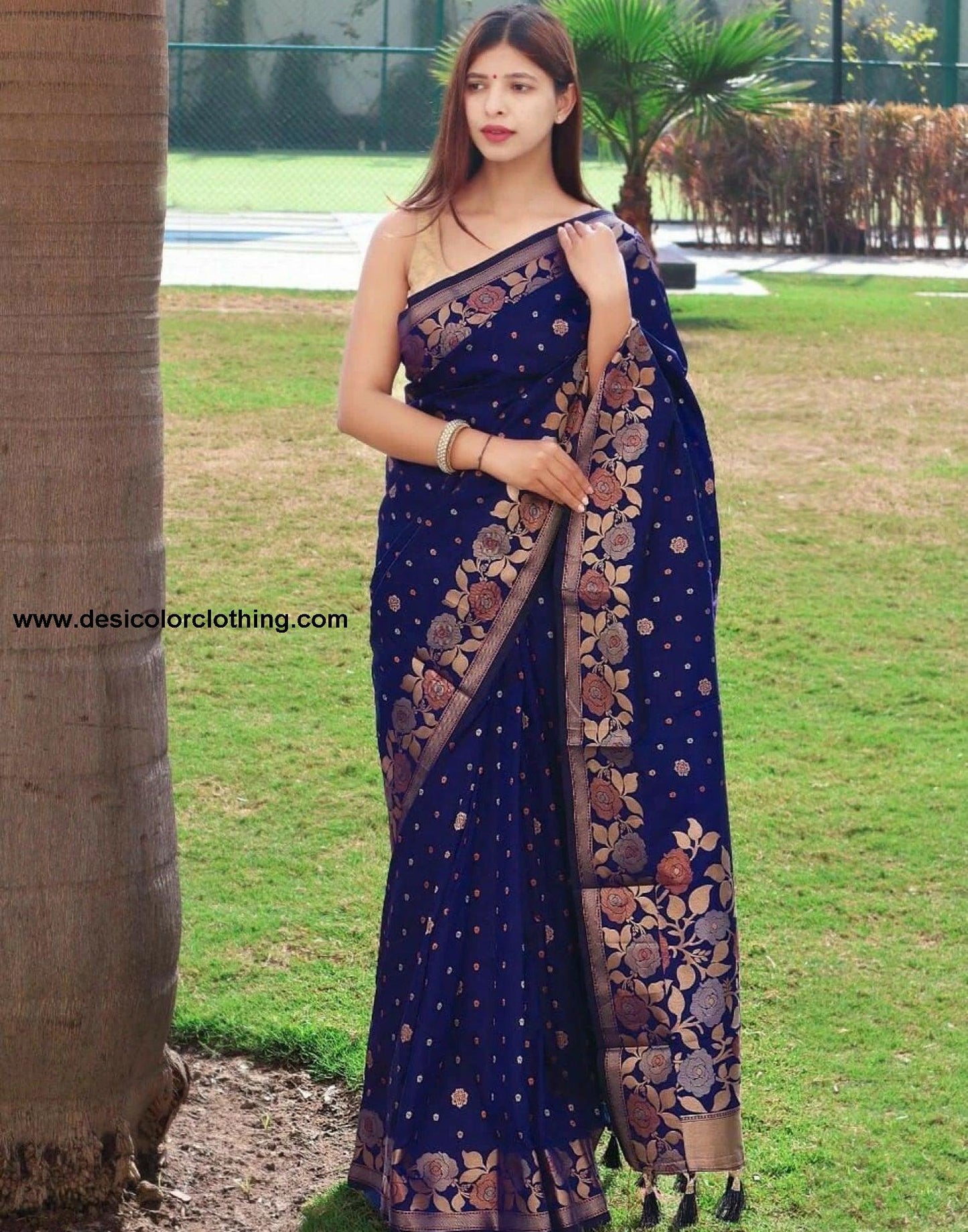 Blue & Golden Poly Silk Saree with Jacquard Border