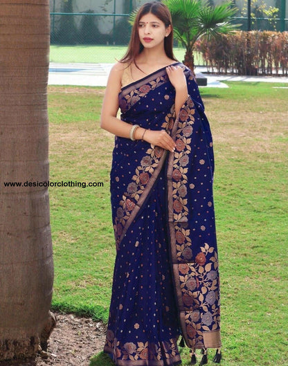 Blue & Golden Poly Silk Saree with Jacquard Border